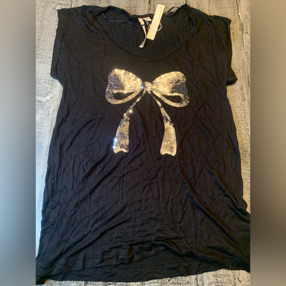 Lauren Conrad Small Black Top with Sequin Silver Metallic Bow, NWT, P2P 17 - Picture 2 of 4